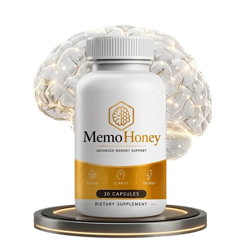 A white MemoHoney bottle with a honey-gold label on a lit stand in front of a glowing illustrated brain