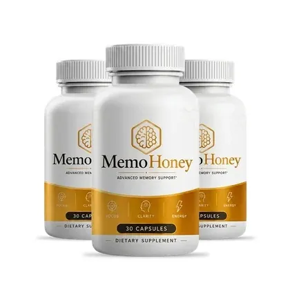 3 white MemoHoney bottles with honey-gold labels, 30 capsules each