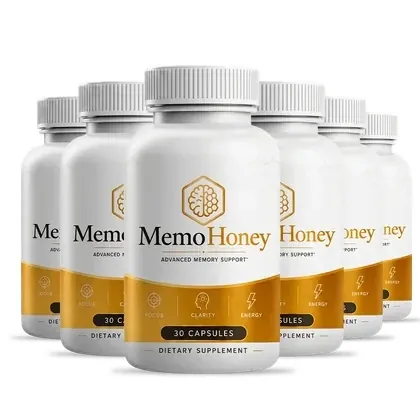 6 white MemoHoney bottles with honey-gold labels, 30 capsules each