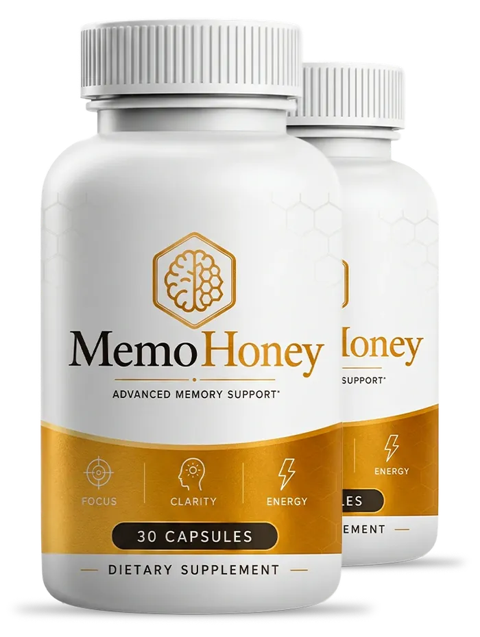 2 white MemoHoney bottles with honey-gold labels, 30 capsules each