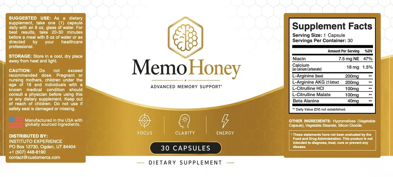 The flat MemoHoney label: suggested use, storage, caution and distributor on the left, the MemoHoney logo in the middle, and the Supplement Facts panel on the right